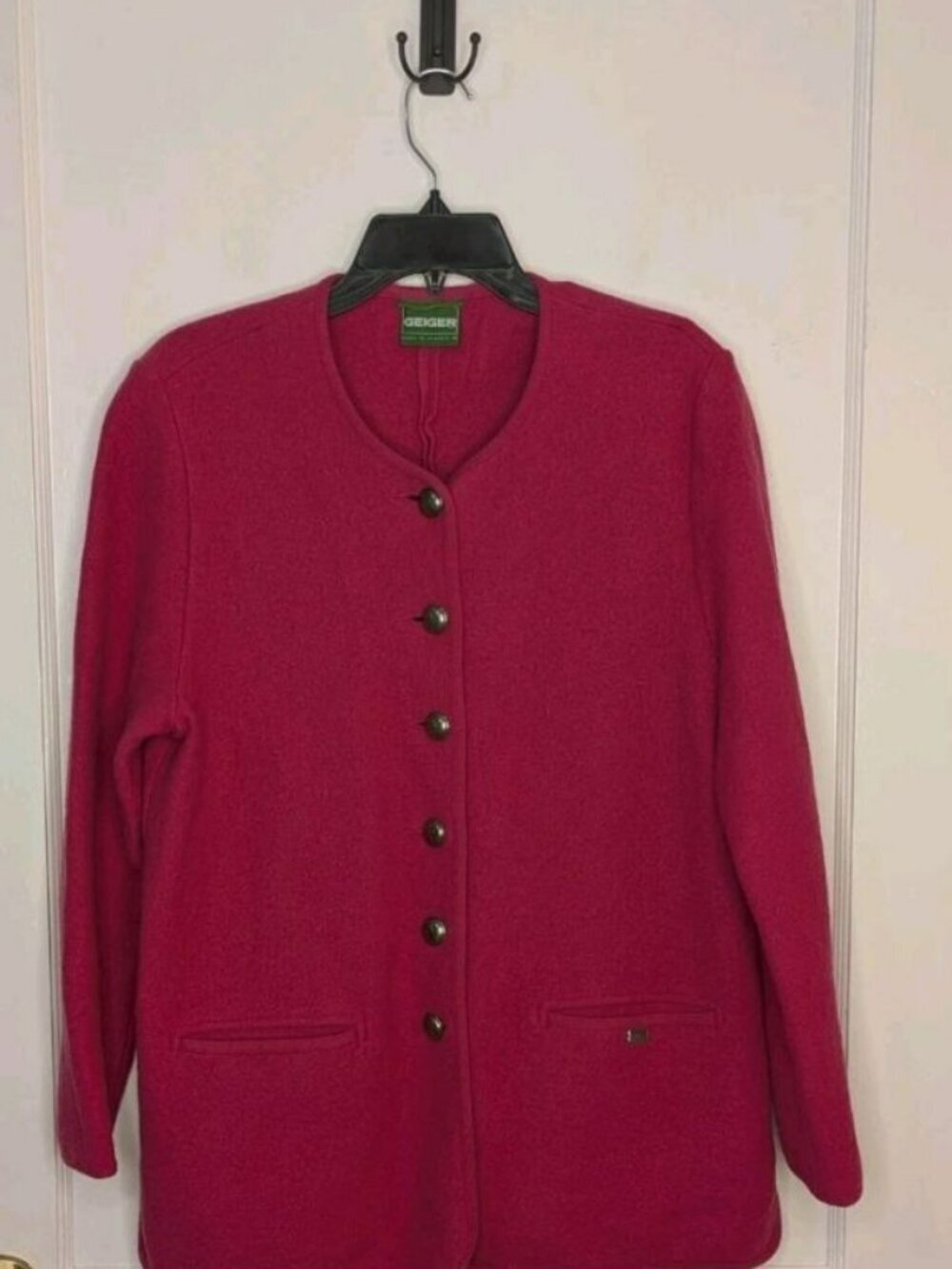 VTG Geiger Austria Boiled Wool Jacket Pink Size 42 US 12 Large Metal Buttons